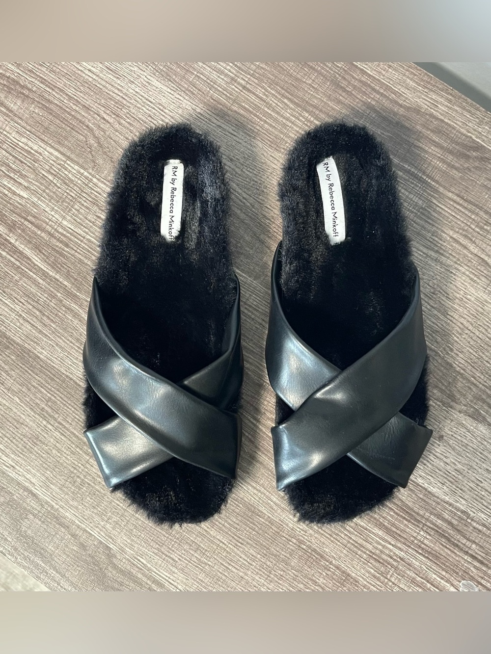 Rebecca Minkoff Black Faux Fur Crisscross Slide Slippers